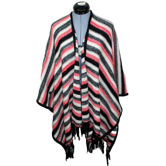 NWT KENSIE Women's One Size Orange / White / Black Striped Poncho Shawl Cape - Picture 1 of 4